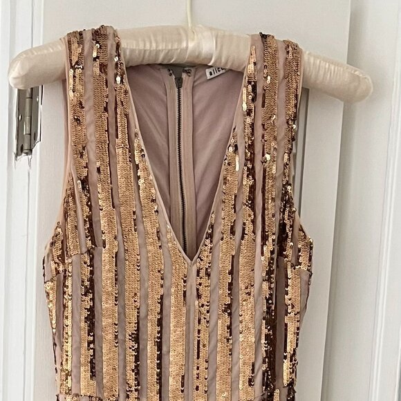 Alice + Olivia Gold Sequin Wide Leg Jumpsuit - Deep-V Neck